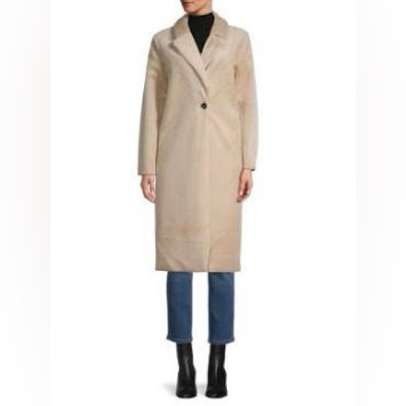 MAGASCHONI Camel Tan Brown Faux Vegan Fur Collar Long Trench Coat Jacket XL NWOT